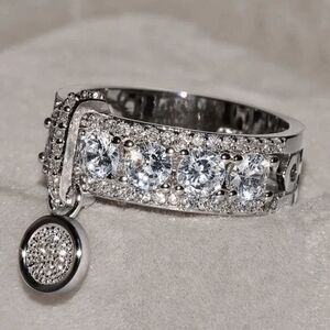 Engagement Wedding Anniversary Round Diamond Mosaic Ring With Hanging Charm